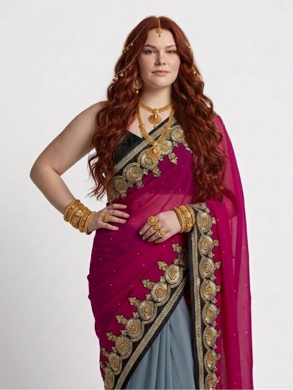 Embroidered Pink, gray and Black Saree with Gold Accent so